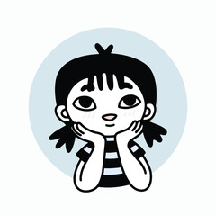 simple cartoon illustration portrait of a cute young girl patiently waiting and hoping