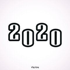 2020 number icon. Happy New Year. Sticker style with white border and simple shadow on gray background