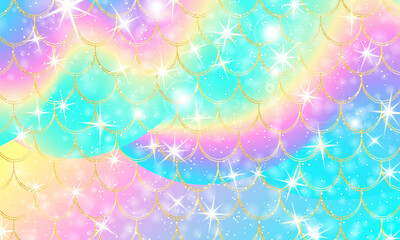 Holographic rainbow background. Gold scales. Mermaid print. © KrikHill