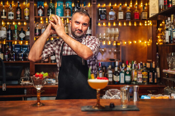 Excited middle aged mixologist in checkered shirt and apron looking at camera and mixing alcohol drink in shaker while standing behind counter with glasses in bar