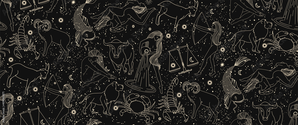 Wall mural seamless pattern - signs of the zodiac. gold illustration of astrological signs on a dark background