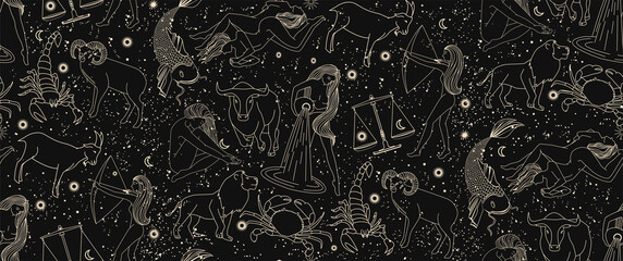 Nahtloses Muster - Tierkreiszeichen. Goldillustration von astrologischen Zeichen auf dunklem Hintergrund. Magische Illustrationen von Frauen und Tieren am Sternenhimmel.