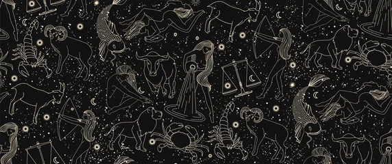 Selbstklebende Fototapete Sternzeichen Nahtloses Muster - Tierkreiszeichen. Goldillustration von astrologischen Zeichen auf dunklem Hintergrund. Magische Illustrationen von Frauen und Tieren am Sternenhimmel.