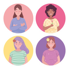 group of four girls interracial avatars characters vector illustration design
