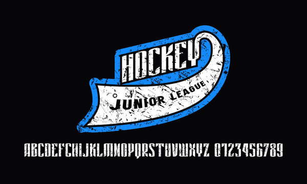 Compressed sans serif font and hockey emblem