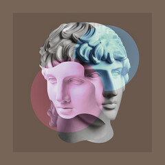 Collage with plaster antique sculpture of duble human face in pop art style. Creative concept image with ancient statue head in pastel colors. Zine culture. Contemporary art style poster. Antique bust © Ded Pixto
