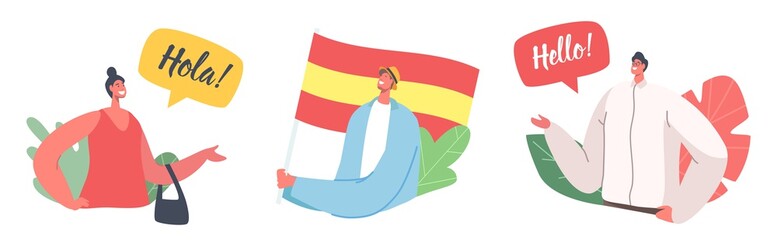Set of Icons with Characters Speak on Spanish Language. People with Spain Flag, Teachers or Students Say Hola or Hello © Pavlo Syvak