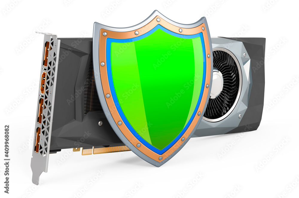 Poster video card gpu with shield, 3d rendering