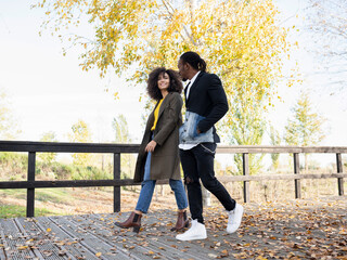 Side view of African American couple in trendy outfit walking along wooden path in park and enjoying stroll in fall