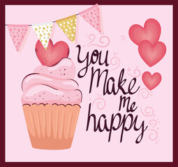 happy valentines day lettering card with cupcake and hearts vector illustration design