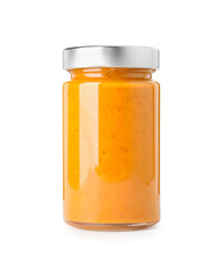 Delicious sea buckthorn jam in jar isolated on white