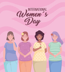 happy womens day lettering with group of interracial girls vector illustration design