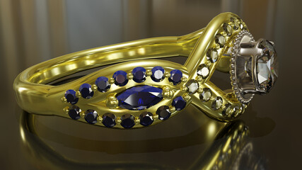 3D rendering, gold ring with diamonds and sapphires, central crown in white gold set with a 3.71mm diamond. around the crown 20 diamonds 1mm. 28 sapphires 1mm. and 2 sapphires 3.39 by 1.54