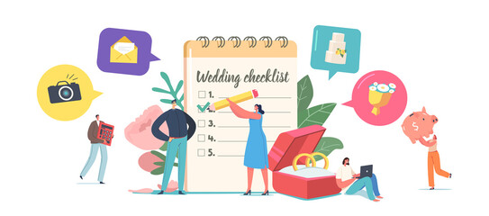 Couple Planning Wedding Concept, Tiny Male and Female Characters at Huge Planner Filling Checklist before Marriage