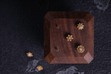 Beautiful piercing jewelry on wooden display. Macro shot. Selective focus.