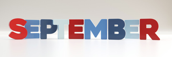 September calendar month - letters in multicolor palette, 3d render illustration