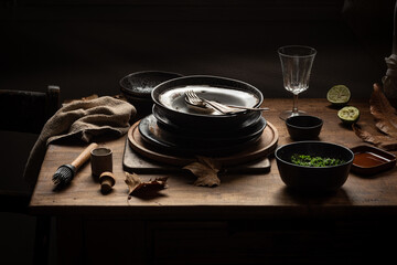 High angle of stack of old fashioned metal plates placed on wooden table with various utensils in dark country house