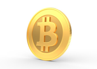 Gold coin with bitcoin sign isolated on a white background. 3d rendering illustration