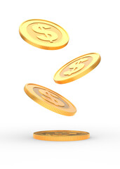 Gold falling coins with dollar sign on white background. 3d render illustration
