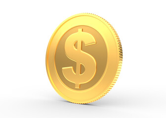 Gold coin with dollar sign isolated on a white background. 3d rendering illustration