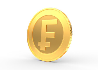 Obraz premium Gold coin with franc sign isolated on a white background. 3d rendering illustration