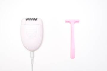 Razor or shaver vs epilator concept, electric vs manual removing unwanted hair on legs and body