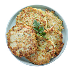 Delicious zucchini fritters in plate on white background, top view