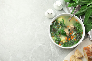 Delicious sorrel soup with meat served on marble table, flat lay. Space for text