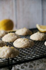 lemon cookies set on white cafe table background.