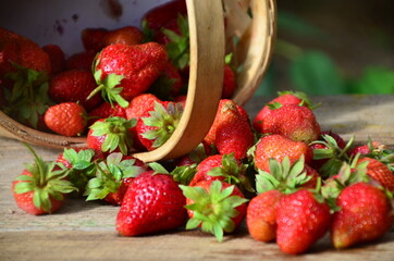 Ripe strawberries with leaves in wicker basket on wooden table on blurred background