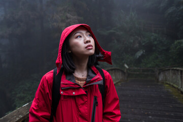 Young Asian female backpacker in red raincoat standing on old wooden footbridge and looking up while exploring foggy woods in rainy weather