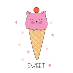 Cat ice cream. Ice cream cone shaped as cat. Doodle cartoon style. Isolated objects on white background. Vector illustration. Good for posters, t shirts, postcards.