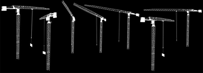 seven industrial cranes isolated on black