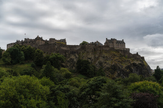 Low angle of spectacular scenery of ancient Edinburgh Castle on background of gray sky in Scotland