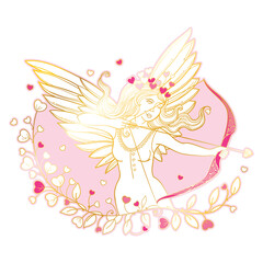 Hand-drawn silhouette of outline Cupid girl with bow and arrow in gold and pink isolated on white background. 