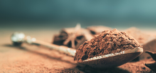 Brown cocoa powder in the spoon and chopped chocolate cubes, on dark background with copy space