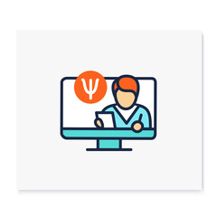 Telepsychiatry color icon. Telehealth medical care. Virtual psychiatrist consultation. Telemedicine, health care concept. Online medicine, psychotherapy. Isolated vector illustration