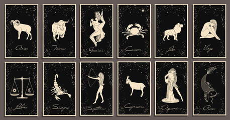 Zodiac signs collection. Mystical, esoteric symbols of astrology. Gold illustrations of women, animals. Mysterious images in the starry sky. Characters on the cards.