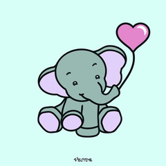 Vector illustration of a cute baby elephant holding a heart in his trunk, flat style isolated on blue background