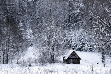 a little gray wooden house stands on a hillside forest in the winter white fluffy snow