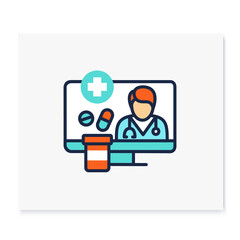 Medication prescription online color icon. Telehealth medical care. Virtual doctors treatment. Telemedicine, online health care concept. Isolated vector illustration
