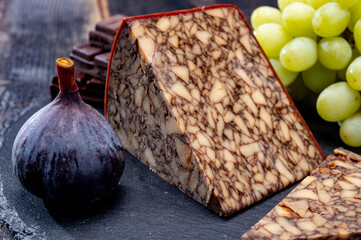 Cheese collection, Irish brown waxed marbeled cheddar cheese flavoured with Guinness dark stout beer