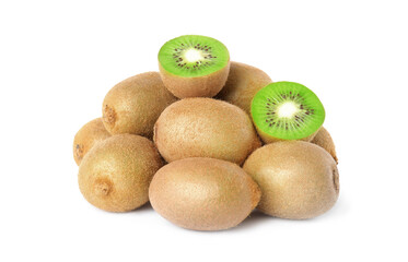 Fototapeta premium Cut and whole fresh kiwis on white background