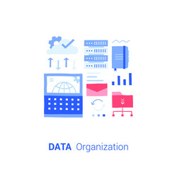 Doodle flat design icon vector illustration concept. Data organization, cloud storage,  hosting server center.