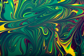 Abstract green,yellow,red and orange background.Make up concept.Beautiful stains of liquid nail laquers.Fluid art,pour painting technique.Good as digital decor,copy space.Horizontal photography.