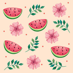 beautiful flowers and leafs with watermelons pattern vector illustration design