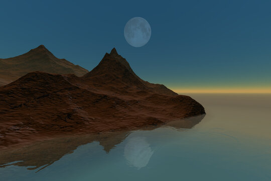 Natural landscape, mountains, reflection in the sea and a big moon in the sky.