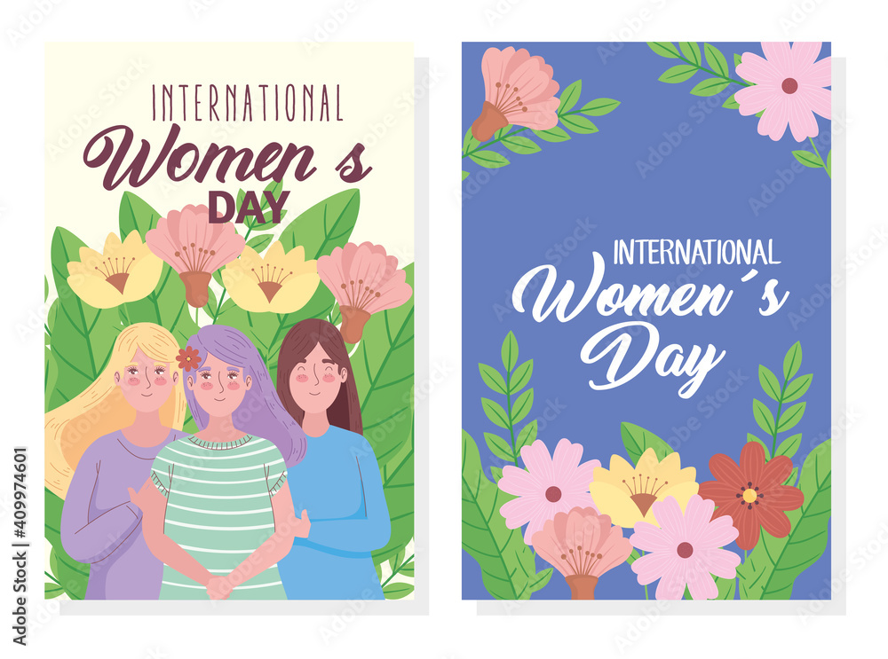 Sticker happy womens day letterings cards with girls group vector illustration design