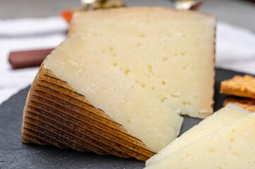 Spanish tapas, manchego cheese made from sheep milk and green olives