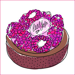 raspberry dessert. raspberry tartlet. restaurant dish. berry, shortbread dough. tart with cream. hand draw, line draw, contour. menu design. print for t-shirts. delicious, juicy, bright. vector eps 10